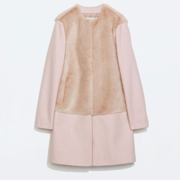 ZARA Faux Fur Panel Coat in Pink - Picture 1 of 11